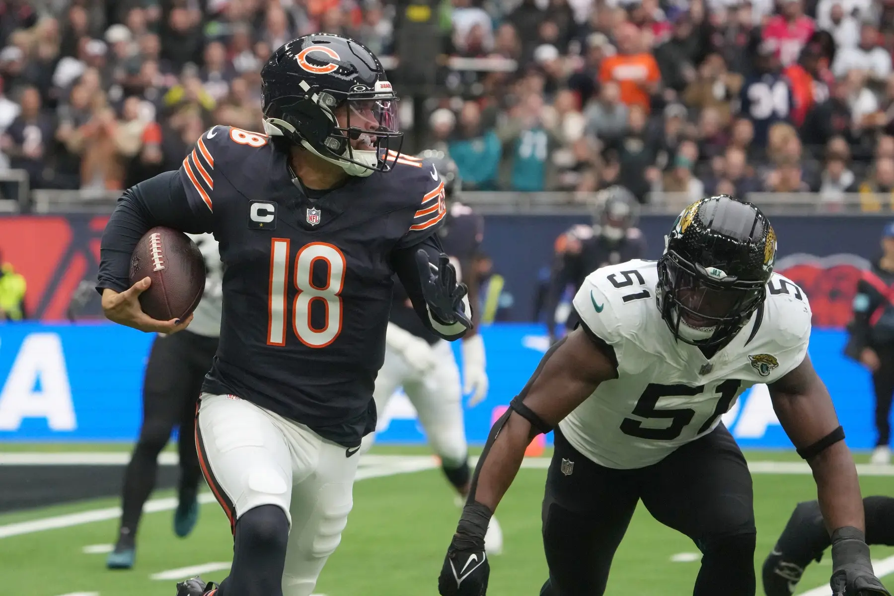 "I Don’t Want To" Bears' Caleb Williams Enrages Fans With Horrible Comment Leaked To Public 2 Oct 13, 2024; London, United Kingdom; Chicago Bears quarterback Caleb Williams (18) carries the ball against Jacksonville Jaguars linebacker Ventrell Miller (51) in the first half during an NFL International Series game at Tottenham Hotspur Stadium. Mandatory Credit: Kirby Lee-Imagn Images