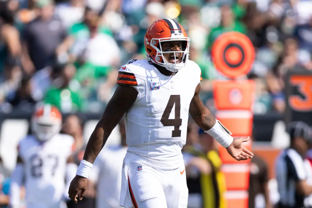 Oct 13, 2024; Philadelphia, Pennsylvania, USA; Cleveland Browns quarterback Deshaun Watson (4) reacts to a play against the Philadelphia Eagles during the first quarter at Lincoln Financial Field. Mandatory Credit: Bill Streicher-Imagn Images