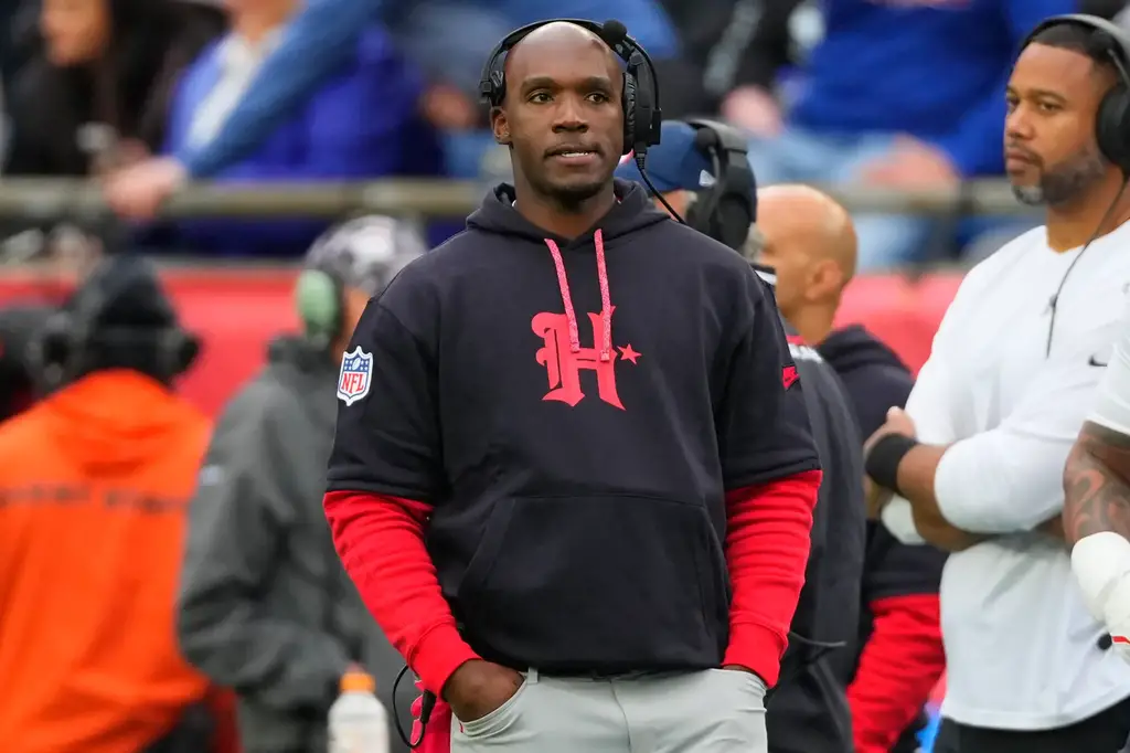 Oct 13, 2024; Foxborough, Massachusetts, USA; Houston Texans head coach Demeco Ryans looks on from the sidelines during the first half at Gillette Stadium. Mandatory Credit: Gregory Fisher-Imagn Images