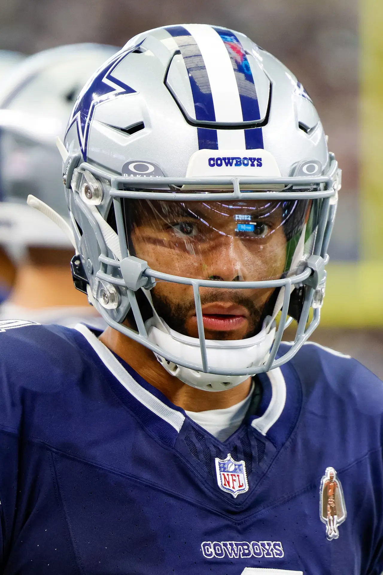 Oct 13, 2024; Arlington, Texas, USA; Dallas Cowboys quarterback Dak Prescott (4) prepares to take the field during the first quarter against the Detroit Lions at AT&T Stadium. Mandatory Credit: Andrew Dieb-Imagn Images