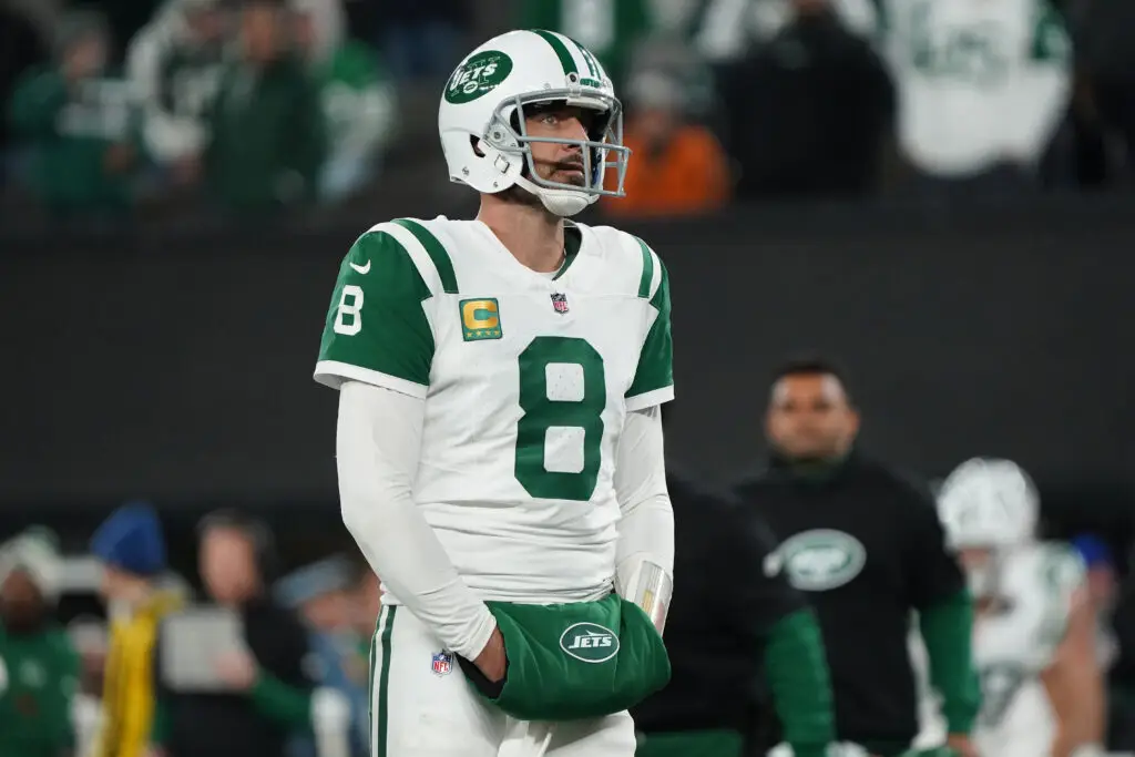 Oct 14, 2024; East Rutherford, New Jersey, USA; New York Jets quarterback Aaron Rodgers (8) reacts during the second half against the Buffalo Bills at MetLife Stadium. Mandatory Credit: Lucas Boland-Imagn Images