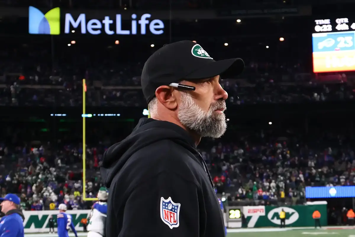 Oct 14, 2024; East Rutherford, New Jersey, USA; New York Jets head coach Jeff Ulbrich walks onto the field after the New York Jets loss to the Buffalo Bills at MetLife Stadium. Mandatory Credit: Ed Mulholland-Imagn Images