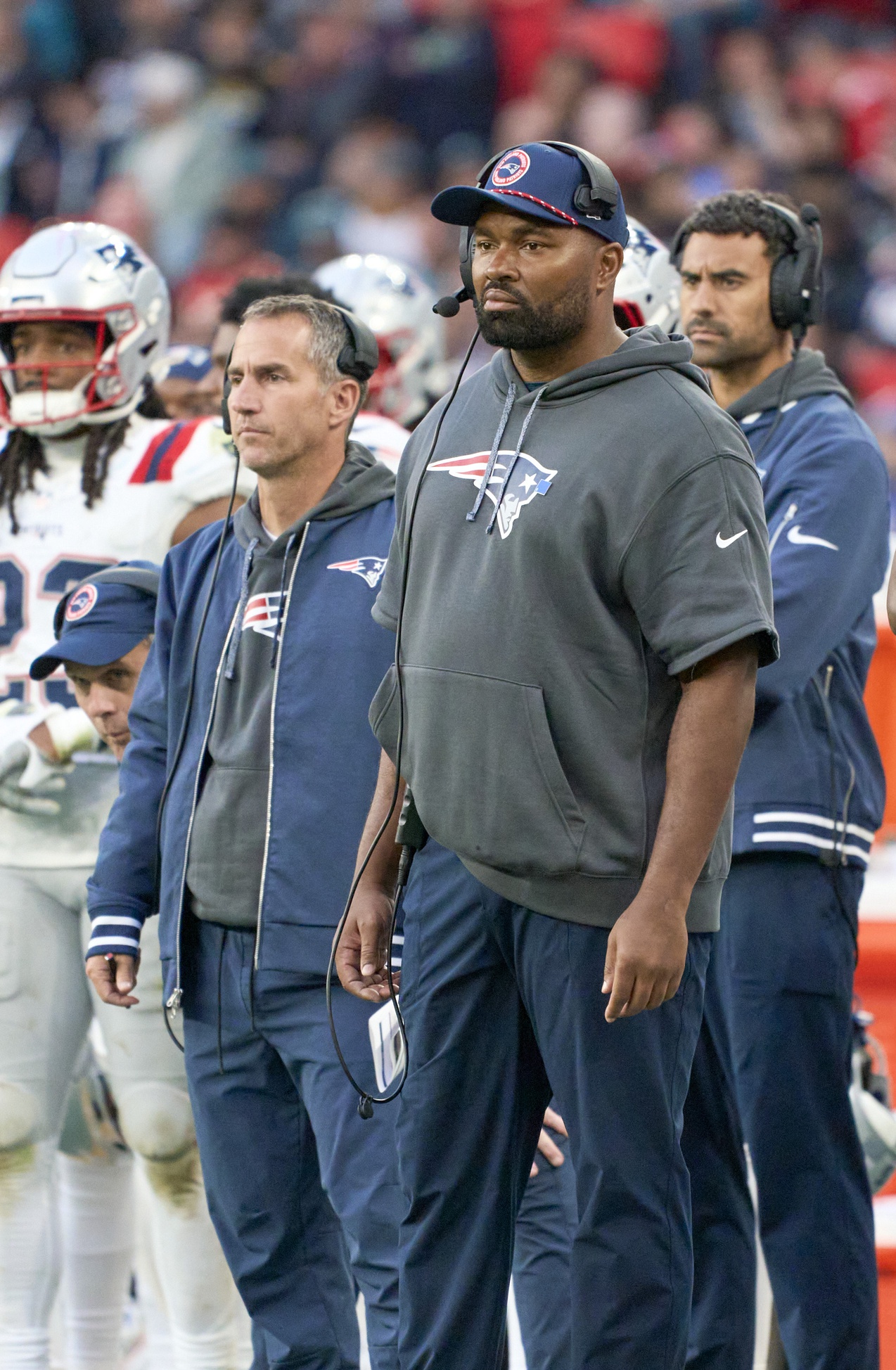 Oct 20, 2024; London, United Kingdom; New England Patriots coach Jerod Mayo in the game against the Jacksonville Jaguarsduring an NFL International Series game at Wembley Stadium. Mandatory Credit: Peter van den Berg-Imagn Images