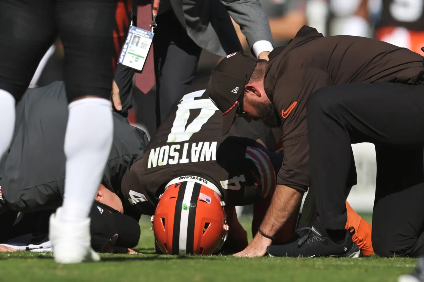 Oct 20, 2024; Cleveland, Ohio, USA; Cleveland Browns quarterback Deshaun Watson (4) lies on the ground after being injured during the first half against the Cincinnati Bengals at Huntington Bank Field. Mandatory Credit: Ken Blaze-Imagn Images