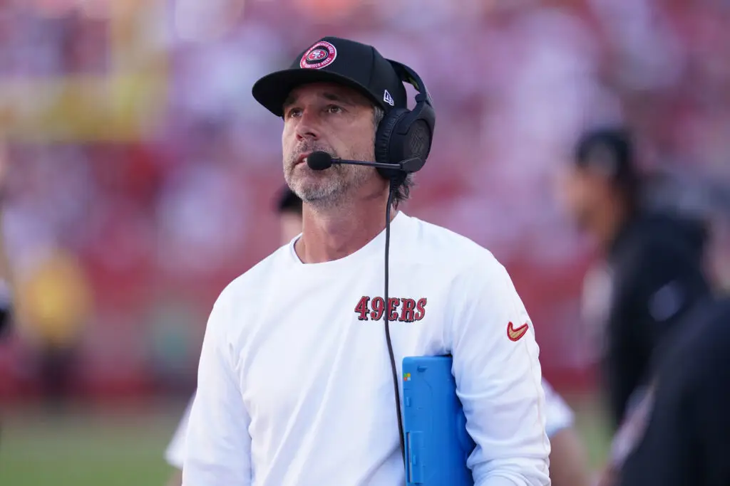 Oct 20, 2024; Santa Clara, California, USA; San Francisco 49ers head coach Kyle Shanahan reacts after the Kansas City Chiefs picked up a first down in the fourth quarter at Levi's Stadium. Mandatory Credit: Cary Edmondson-Imagn Images