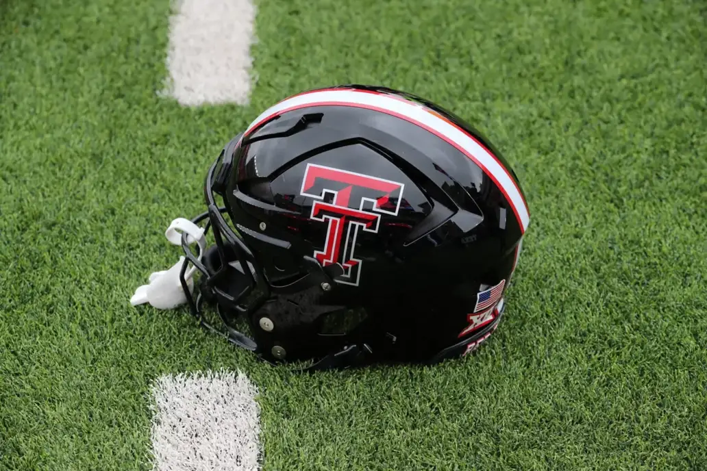 Oct 19, 2024; Lubbock, Texas, USA; A general view of a Texas Tech Red Raiders helmet on the field before the game against the Baylor Bears at Jones AT&T Stadium and Cody Campbell Field. Mandatory Credit: Michael C. Johnson-Imagn Images