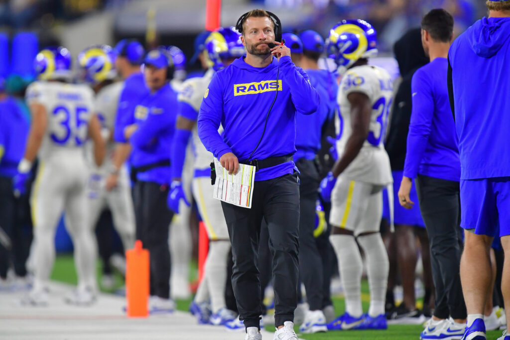 Drake Maye Oct 24, 2024; Inglewood, California, USA; Los Angeles Rams head coach Sean McVay watches game action against the Minnesota Vikings during the first half at SoFi Stadium. Mandatory Credit: Gary A. Vasquez-Imagn Images