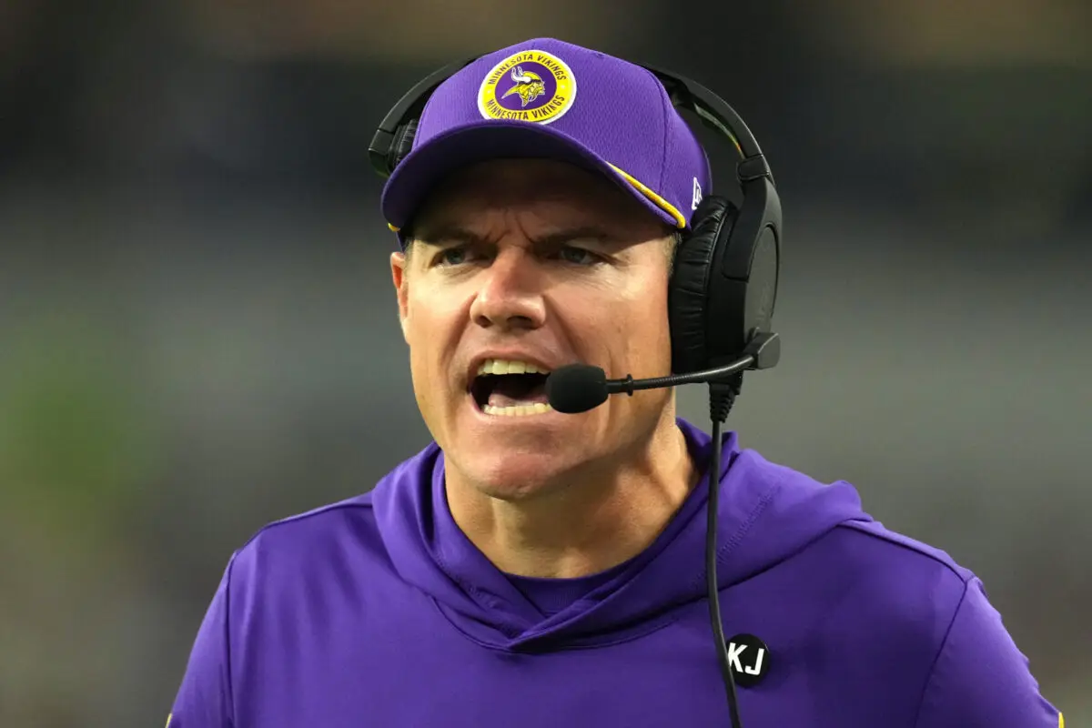 Oct 24, 2024; Inglewood, California, USA; Minnesota Vikings coach Kevin O'Connell reacts against the Los Angeles Rams in the first half at SoFi Stadium. Mandatory Credit: Kirby Lee-Imagn Images