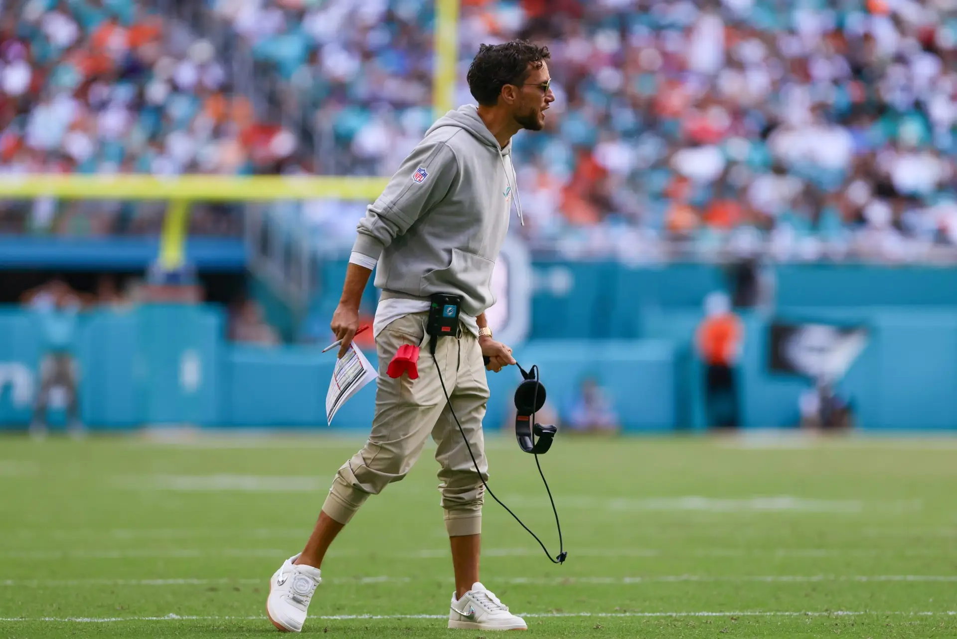 Oct 27, 2024; Miami Gardens, Florida, USA; Miami Dolphins head coach Mike McDaniel reacts from the sideline against the Arizona Cardinals during the third quarter at Hard Rock Stadium. Mandatory Credit: Sam Navarro-Imagn Images