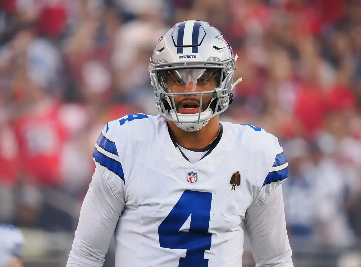 Oct 27, 2024; Santa Clara, California, USA; Dallas Cowboys quarterback Dak Prescott (4) before the game against the San Francisco 49ers at Levi's Stadium. Mandatory Credit: Kelley L Cox-Imagn Images