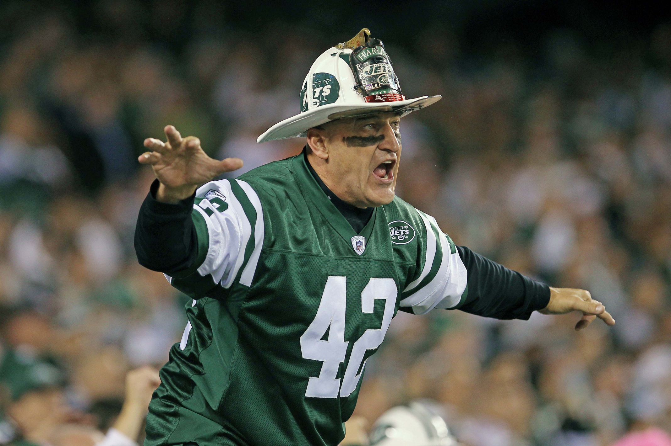 October 17, 2011; East Rutherford, NJ, USA; New York Jets fan fireman Ed during the first half against the Miami Dolphins at the New Meadowlands Stadium. Mandatory Credit: Ed Mulholland-Imagn Images