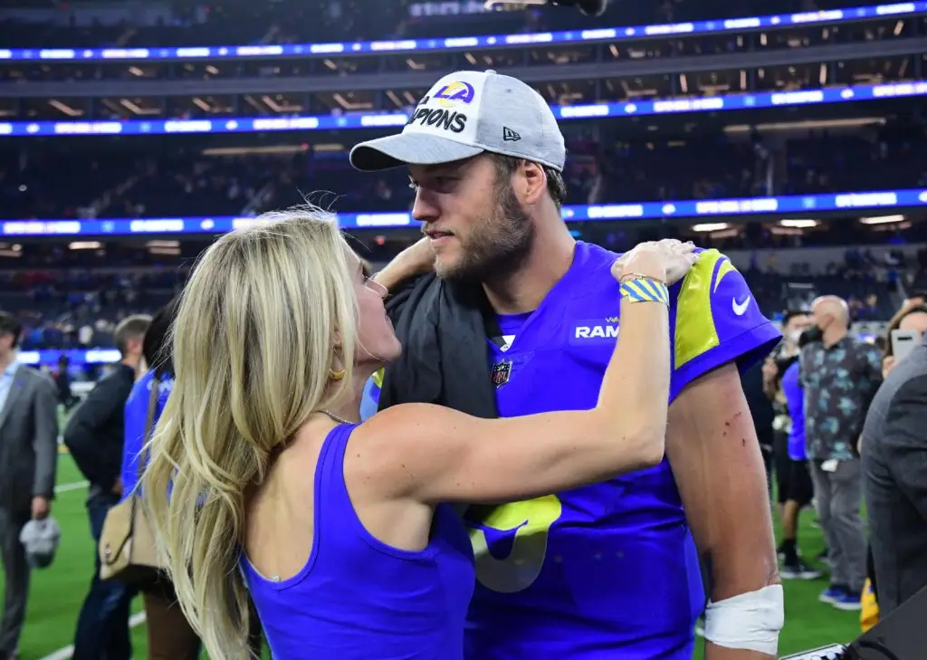 Jan 30, 2022; Inglewood, California, USA; Los Angeles Rams quarterback Matthew Stafford (9) with wife Kelly Hall after defeating the San Francisco 49ers in the NFC Championship Game at SoFi Stadium. Mandatory Credit: Gary A. Vasquez-USA TODAY Sports Bengals