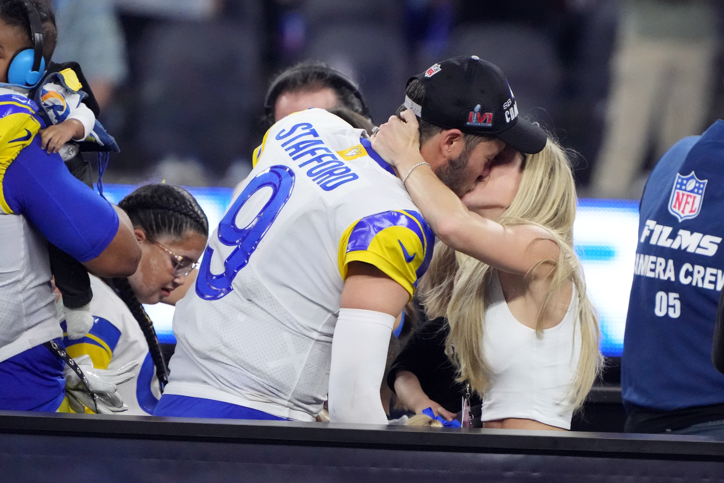 Feb 13, 2022; Inglewood, California, USA; Los Angeles Rams quarterback Matthew Stafford (9) celebrates with his wife Kelly Stafford after defeating the Cincinnati Bengals in Super Bowl LVI at SoFi Stadium. Mandatory Credit: Kirby Lee-Imagn Images