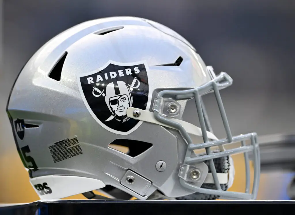 NFL Sep 11, 2022; Inglewood, California, USA; Detailed view of a Las Vegas Raiders helmet at SoFi Stadium. Mandatory Credit: Jayne Kamin-Oncea-Imagn Images