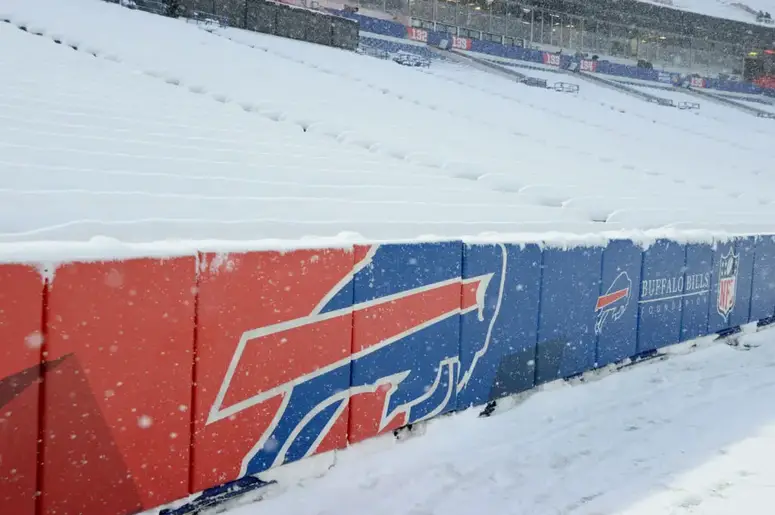 Dec 17, 2022; Orchard Park, New York, USA; Highmark Stadium seats are covered with snow before a game between the Buffalo Bills and Miami Dolphins. Mandatory Credit: Mark Konezny-Imagn Images