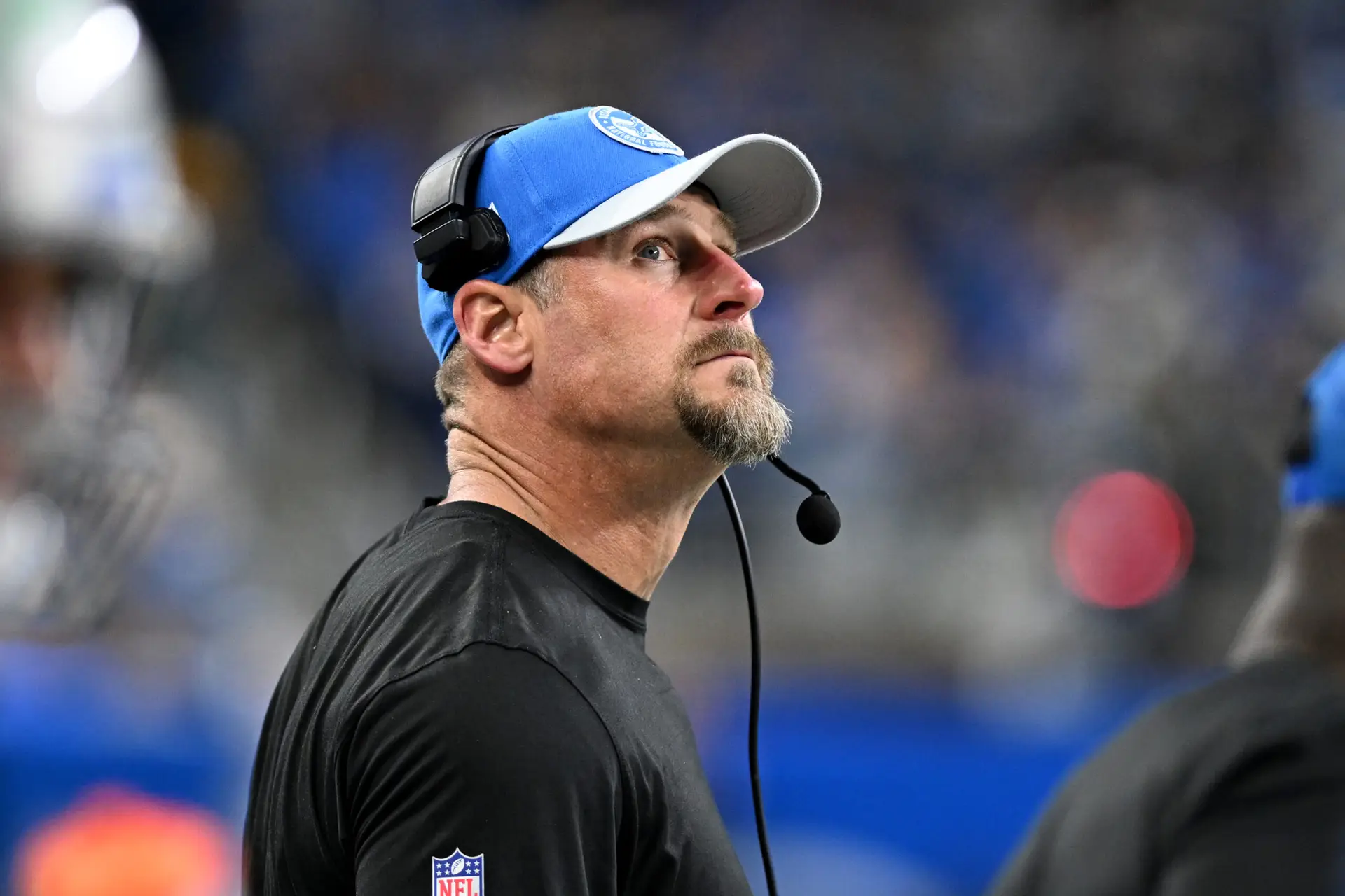 Nov 23, 2023; Detroit, Michigan, USA; Detroit Lions head coach Dan Campbell on the sidelines against the Green Bay Packers in the fourth quarter at Ford Field. Mandatory Credit: Lon Horwedel-Imagn Images