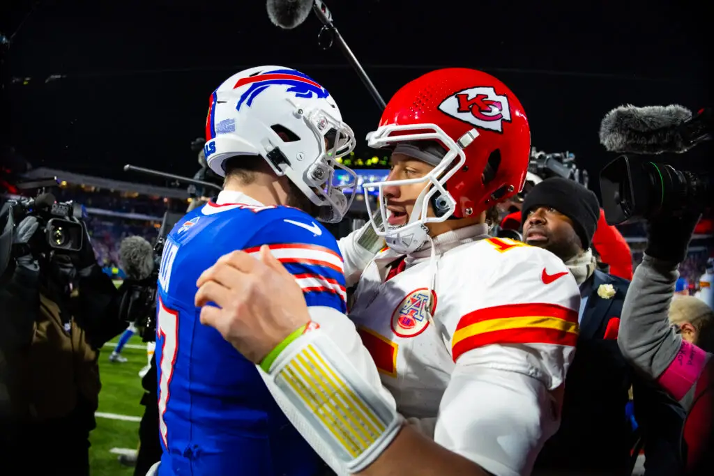 Jan 21, 2024; Orchard Park, New York, USA; Kansas City Chiefs quarterback Patrick Mahomes (15) greets Buffalo Bills quarterback Josh Allen (17) following the 2024 AFC divisional round game at Highmark Stadium. Mandatory Credit: Mark J. Rebilas-USA TODAY Sports