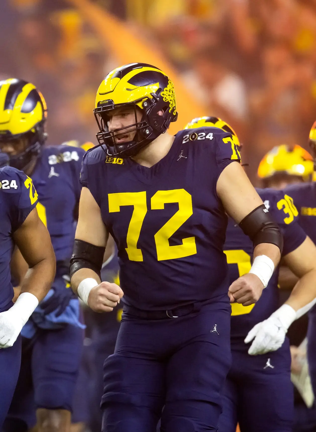 Jan 8, 2024; Houston, TX, USA; Michigan Wolverines offensive lineman Tristan Bounds (72) against the Washington Huskies during the 2024 College Football Playoff national championship game at NRG Stadium. Mandatory Credit: Mark J. Rebilas-Imagn Images (Ohio State)