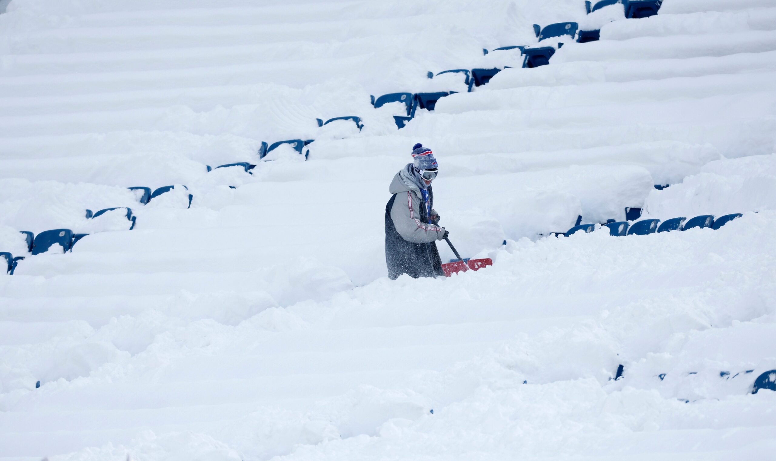 The seating area inside Highmark Stadium is still full of snow. Shovelers were instructed to clear the steps and other walkways. Fans are responsible for the snow at their seats. © Jamie Germano/Rochester Democrat and Chronicle / USA TODAY NETWORK