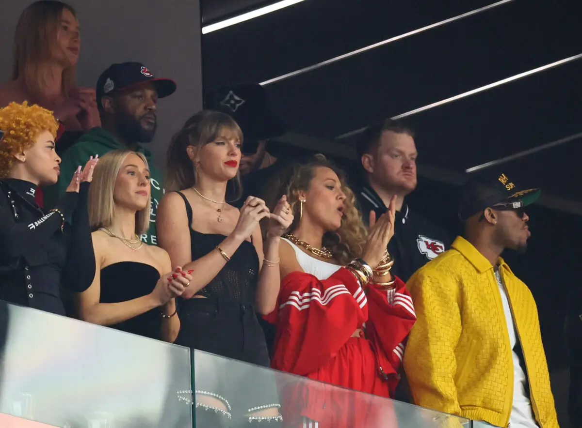 Feb 11, 2024; Paradise, Nevada, USA; Recording artists Taylor Swift and Blake Lively attend Super Bowl LVIII between the Kansas City Chiefs and the San Francisco 49ers at Allegiant Stadium. Mandatory Credit: Mark J. Rebilas-Imagn Images