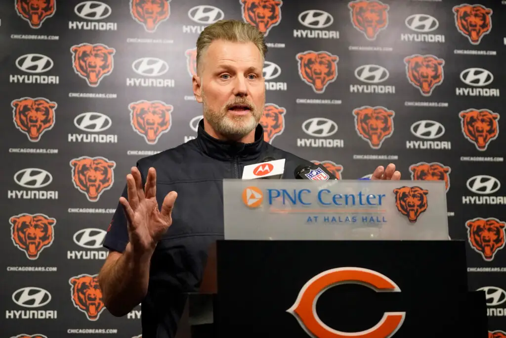 May 10, 2024; Lake Forest, IL, USA; Chicago Bears head coach Matt Eberflus during a press conference before Chicago Bears rookie minicamp at Halas Hall. Mandatory Credit: David Banks-USA TODAY Sports