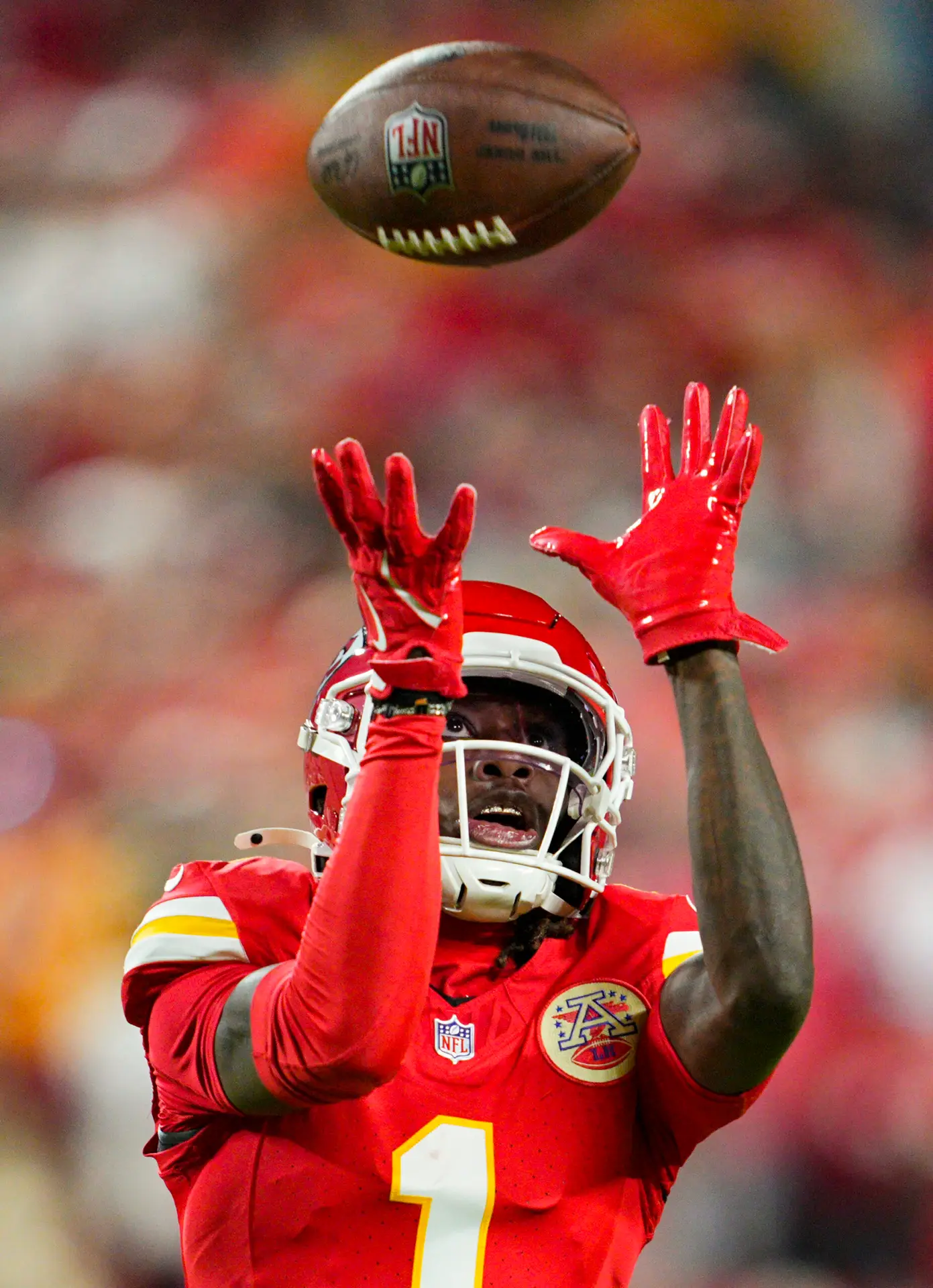 Oct 7, 2024; Kansas City, Missouri, USA; Kansas City Chiefs wide receiver Xavier Worthy (1) catches a pass during the first half against the New Orleans Saints at GEHA Field at Arrowhead Stadium. Mandatory Credit: Jay Biggerstaff-Imagn Images