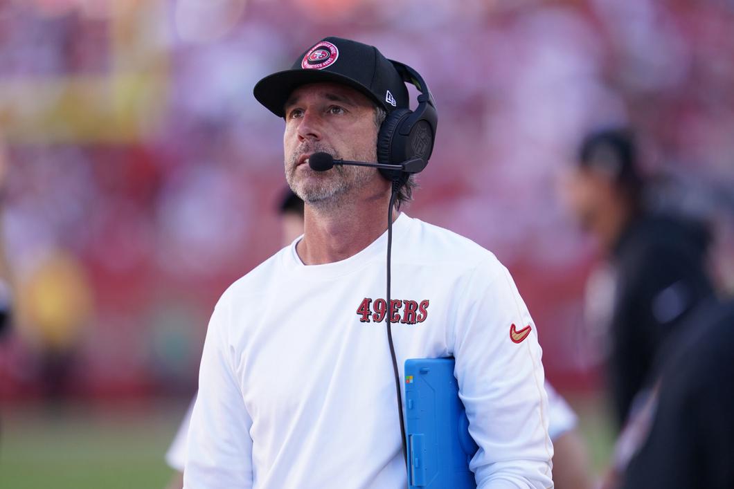 Oct 20, 2024; Santa Clara, California, USA; San Francisco 49ers head coach Kyle Shanahan reacts after the Kansas City Chiefs picked up a first down in the fourth quarter at Levi's Stadium. Mandatory Credit: Cary Edmondson-Imagn Images