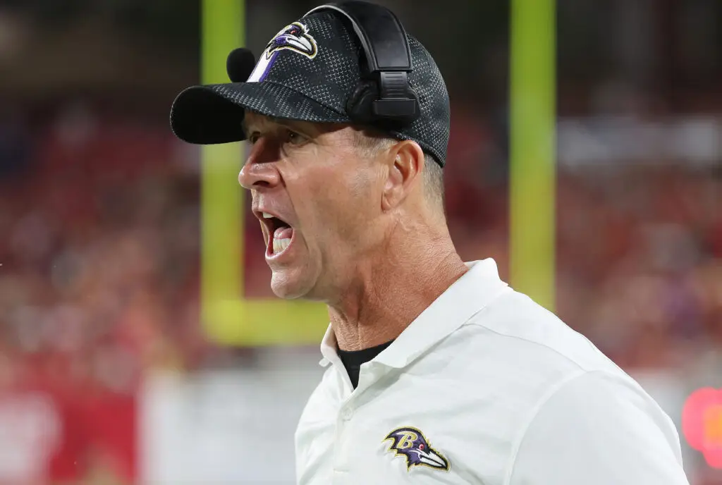 NFL Oct 21, 2024; Tampa, Florida, USA; Baltimore Ravens head coach John Harbaugh against the Tampa Bay Buccaneers during the second half at Raymond James Stadium. Mandatory Credit: Kim Klement Neitzel-Imagn Images