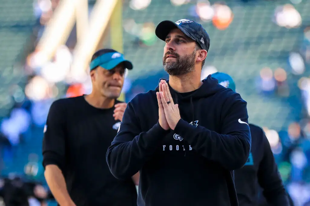 Oct 27, 2024; Cincinnati, Ohio, USA; Philadelphia Eagles head coach Nick Sirianni walks off the field after the victory over the Cincinnati Bengals at Paycor Stadium. Mandatory Credit: Katie Stratman-Imagn Images