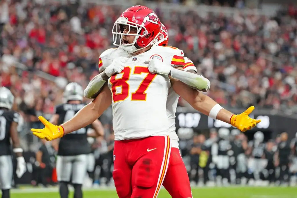 Oct 27, 2024; Paradise, Nevada, USA; Kansas City Chiefs tight end Travis Kelce (87) celebrates with wide receiver DeAndre Hopkins (8) after scoring a touchdown against the Las Vegas Raiders during the second quarter at Allegiant Stadium. Mandatory Credit: Stephen R. Sylvanie-Imagn Images