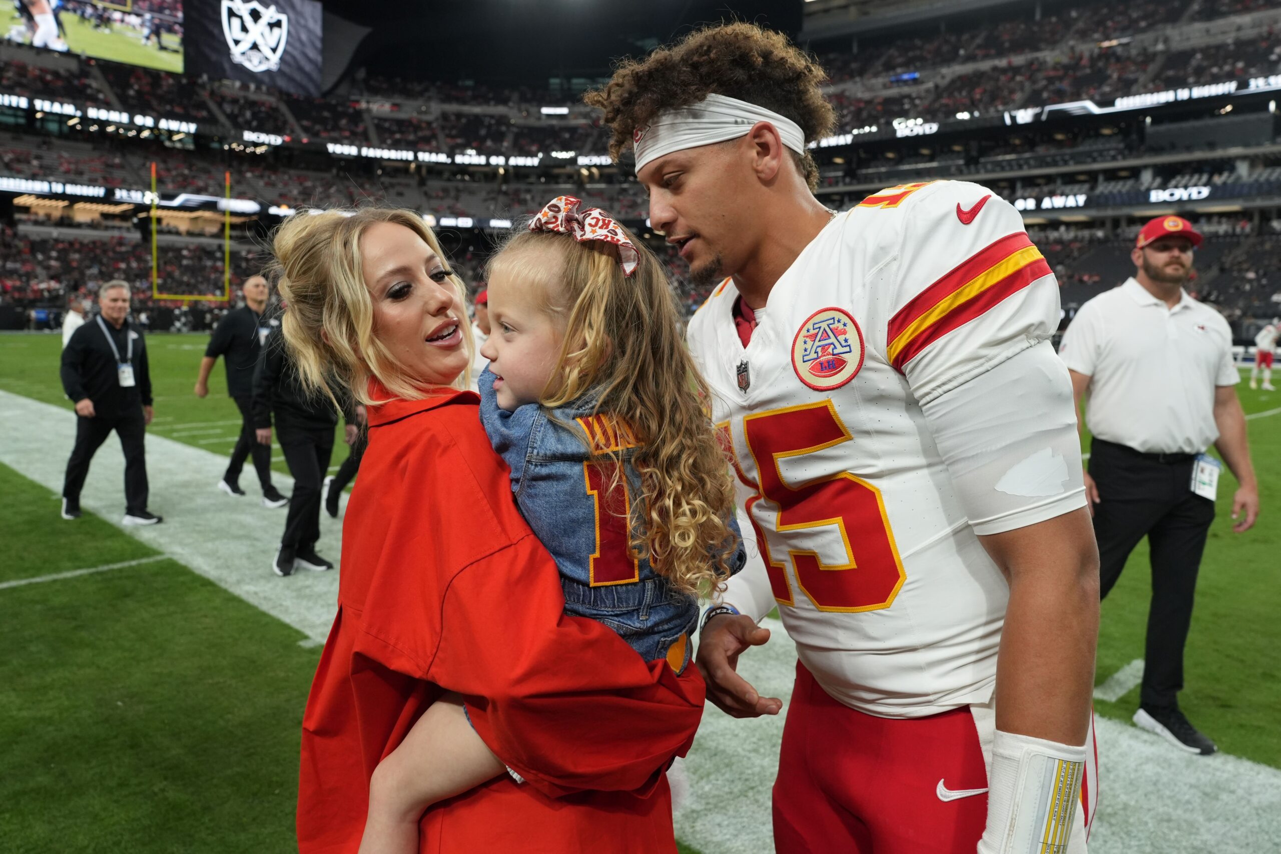 Oct 27, 2024; Paradise, Nevada, USA; Kansas City Chiefs quarterback Patrick Mahomes (15) interacts with wife Brittany Mahomes and daughter Sterling Mahomes during the game against the Las Vegas Raiders at Allegiant Stadium. Mandatory Credit: Kirby Lee-Imagn Images