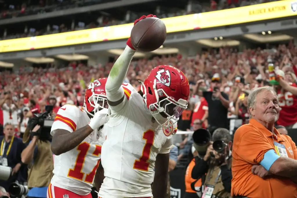 Oct 27, 2024; Paradise, Nevada, USA; Kansas City Chiefs wide receiver Xavier Worthy (1) celebrates with wide receiver Mecole Hardman (17) after scoring on a 9-yard touchdown reception against the Las Vegas Raiders in the second half at Allegiant Stadium. Mandatory Credit: Kirby Lee-Imagn Images