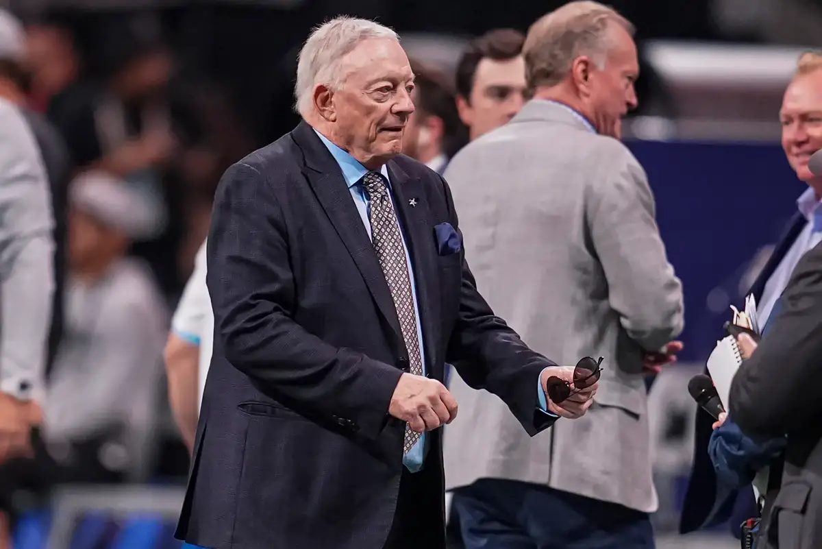 Nov 3, 2024; Atlanta, Georgia, USA; Dallas Cowboys team owner and general manager Jerry Jones shown on the field prior to the game against the Atlanta Falcons at Mercedes-Benz Stadium. Mandatory Credit: Dale Zanine-Imagn Images