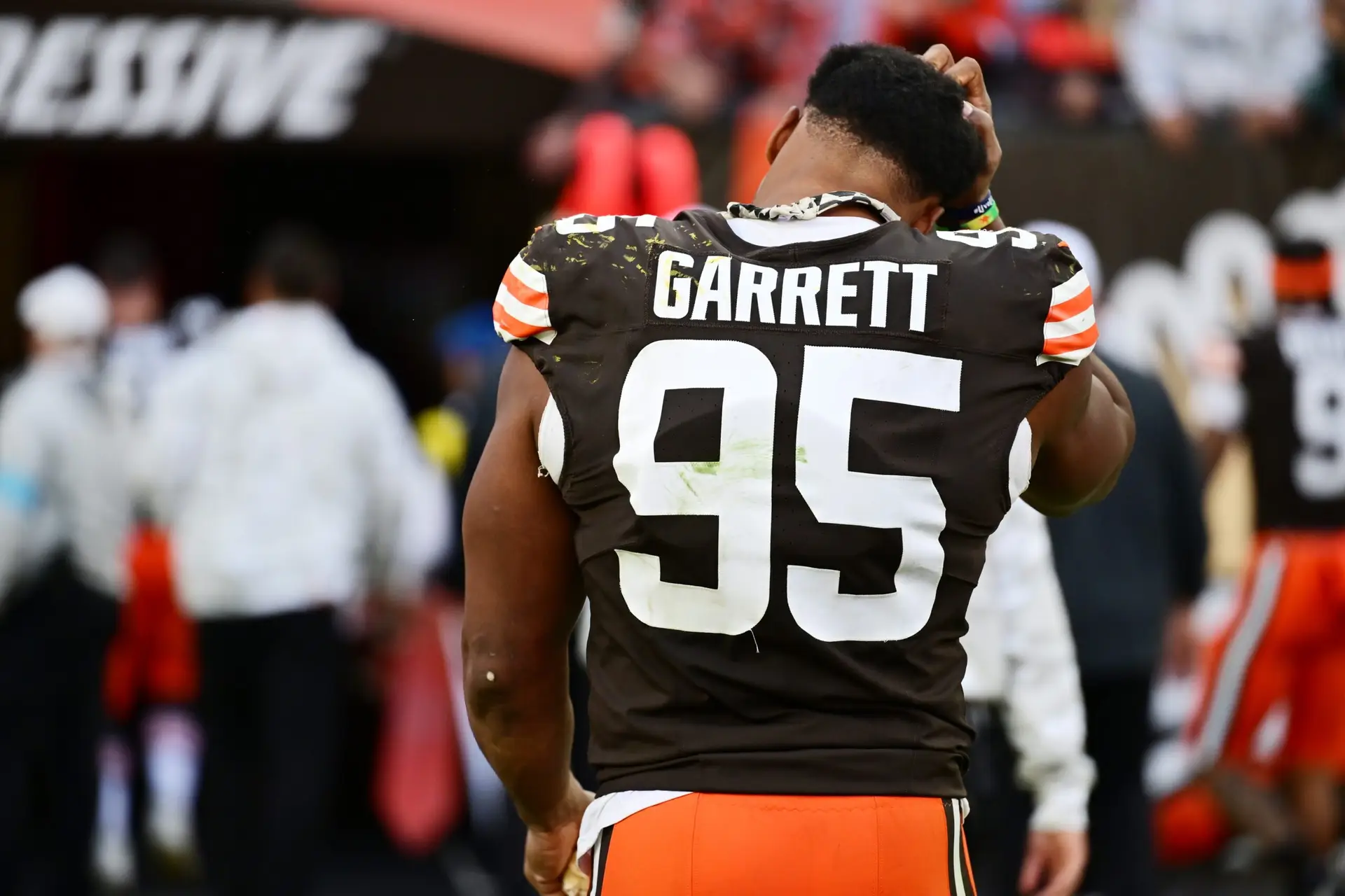 Nov 3, 2024; Cleveland, Ohio, USA; Cleveland Browns defensive end Myles Garrett (95) walks off the field after the Browns lost to the Los Angeles Chargers at Huntington Bank Field. Mandatory Credit: Ken Blaze-Imagn Images