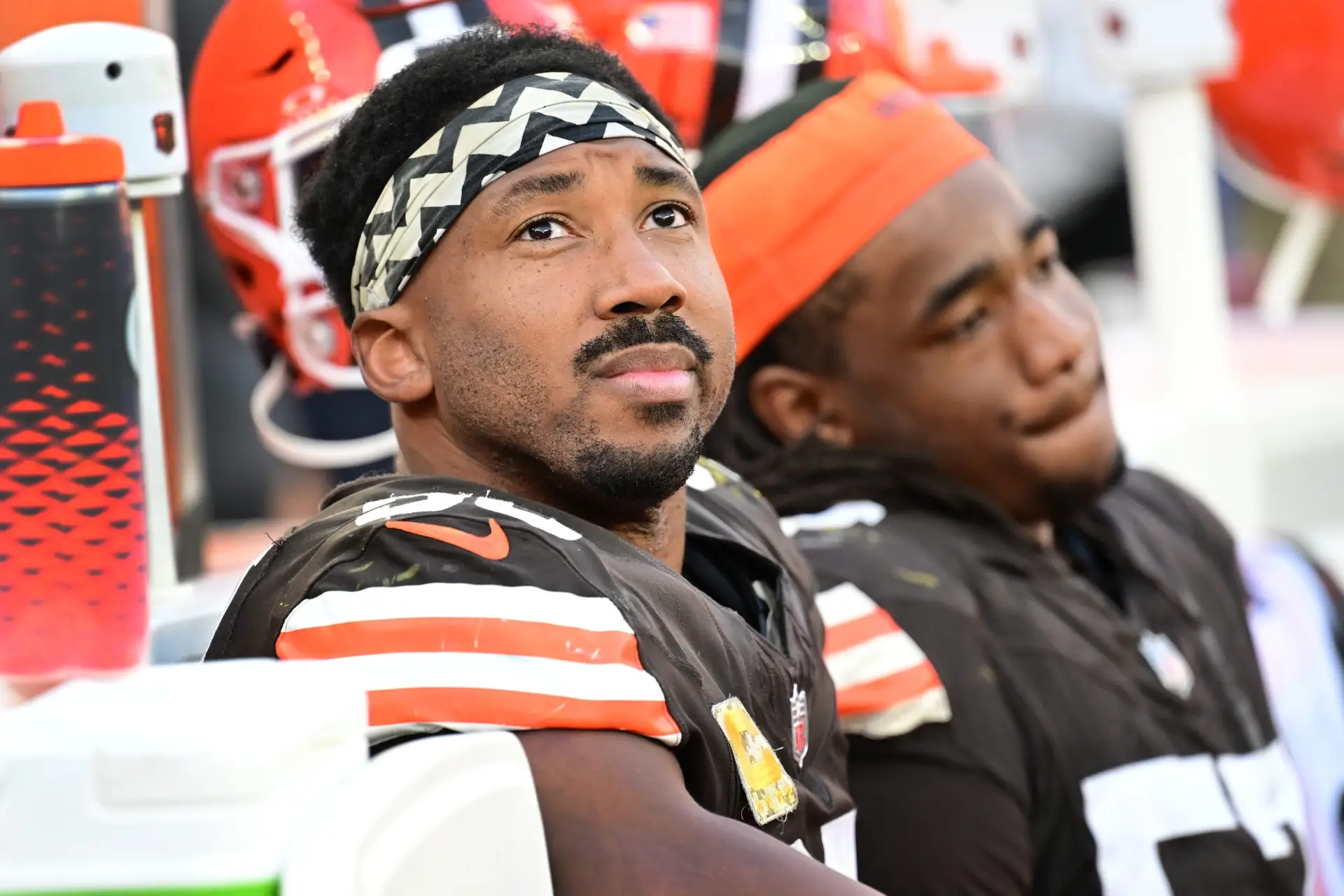 Nov 3, 2024; Cleveland, Ohio, USA; Cleveland Browns defensive end Myles Garrett (95) sits on the sidelines during the second half against the Los Angeles Chargers at Huntington Bank Field. Mandatory Credit: Ken Blaze-Imagn Images