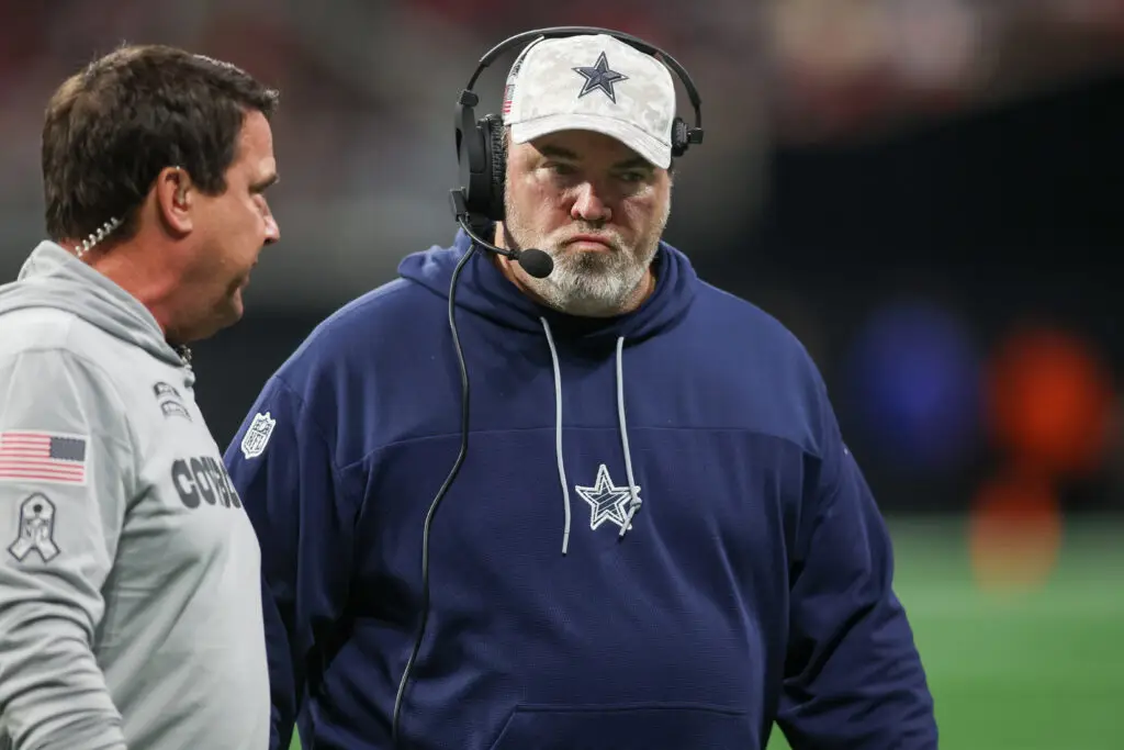 Nov 3, 2024; Atlanta, Georgia, USA; Dallas Cowboys head coach Mike McCarthy on the field against the Atlanta Falcons in the fourth quarter at Mercedes-Benz Stadium. Mandatory Credit: Brett Davis-Imagn Images