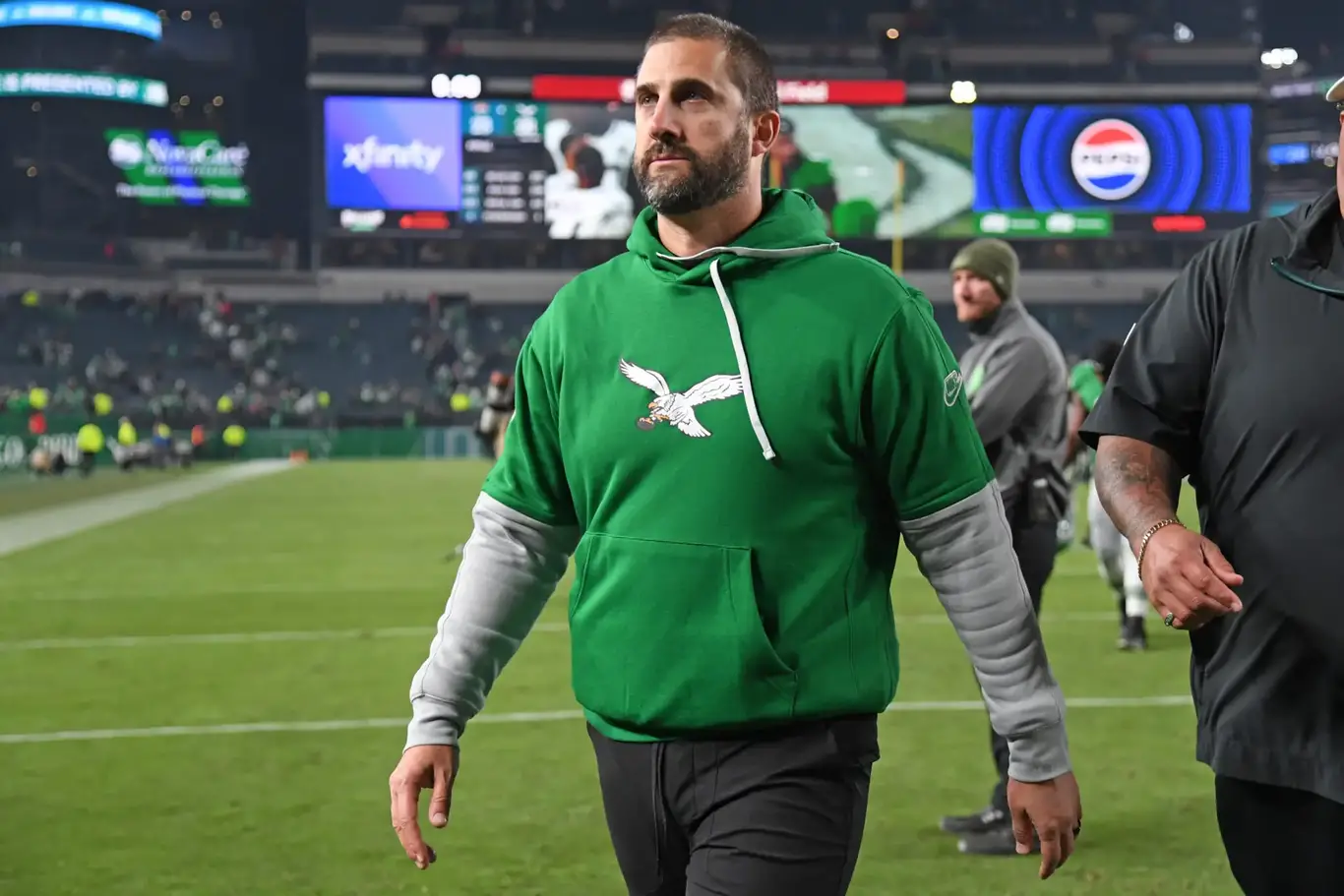 Nov 3, 2024; Philadelphia, Pennsylvania, USA; Philadelphia Eagles head coach Nick Sirianni walks off the field after win against the Jacksonville Jaguars at Lincoln Financial Field. Mandatory Credit: Eric Hartline-Imagn Images