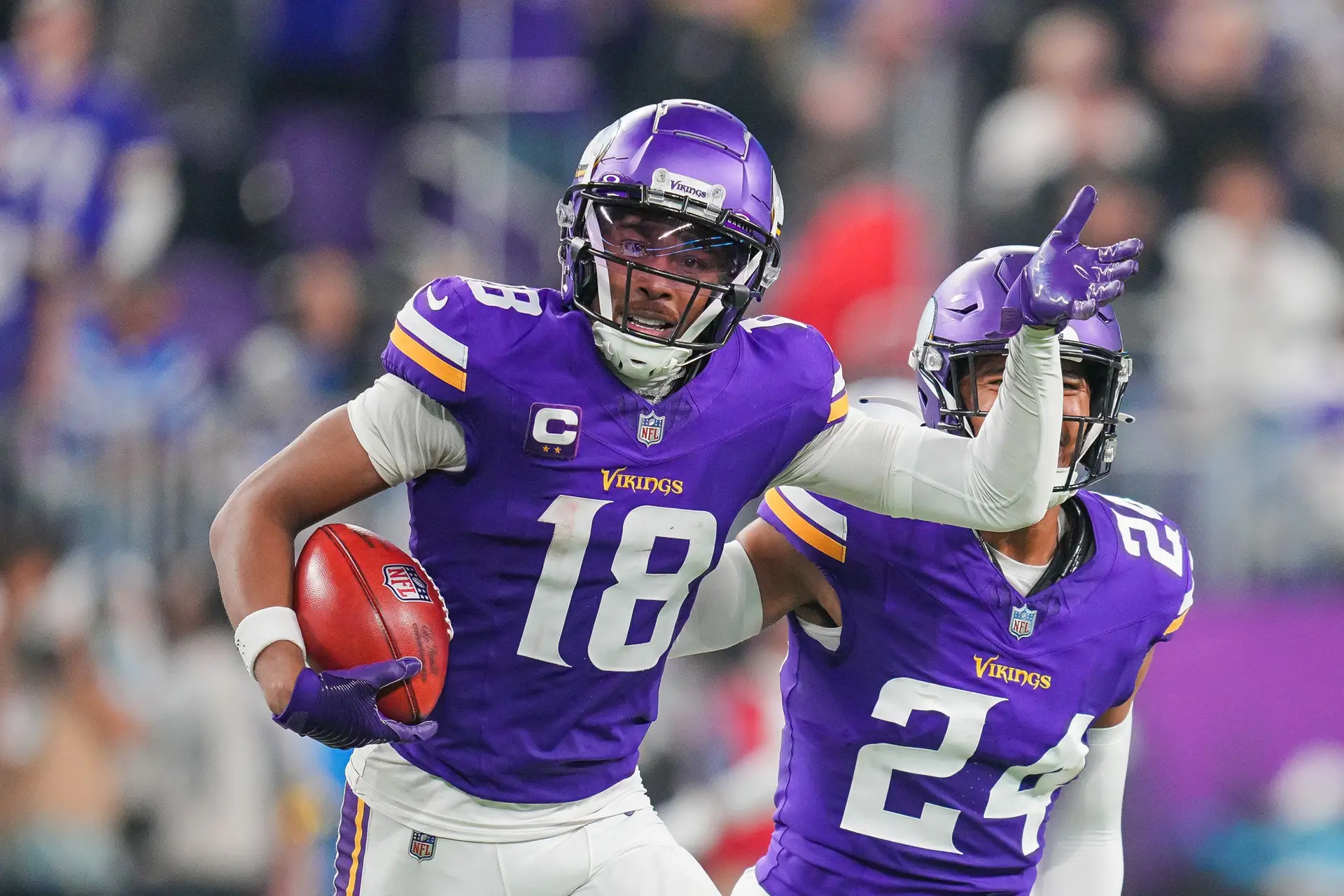 "Season's Over" Vikings Fans Erupt Over Massive Justin Jefferson Injury News (Report) 4 Nov 3, 2024; Minneapolis, Minnesota, USA; Minnesota Vikings wide receiver Justin Jefferson (18) celebrates catching the onside kick against the Indianapolis Colts in the fourth quarter at U.S. Bank Stadium. Mandatory Credit: Brad Rempel-Imagn Images