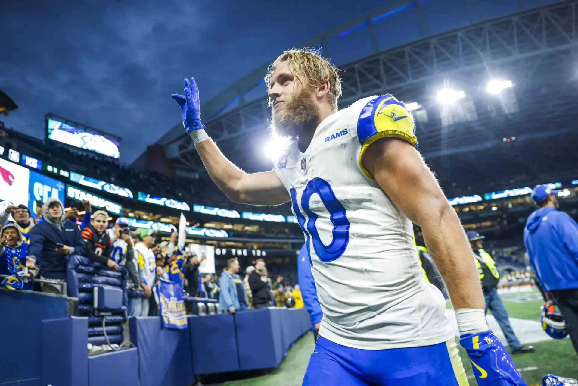 Nov 3, 2024; Seattle, Washington, USA; Los Angeles Rams wide receiver Cooper Kupp (10) waves to fans following an overtime victory against the Seattle Seahawks at Lumen Field. Mandatory Credit: Joe Nicholson-Imagn Images