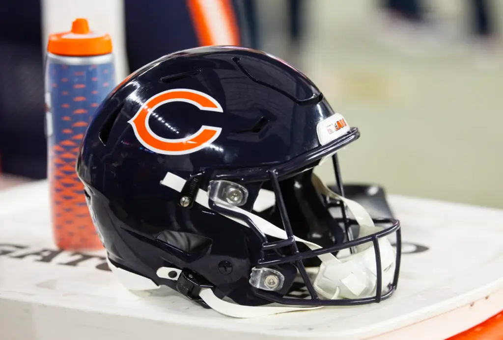 Nov 3, 2024; Glendale, Arizona, USA; Detailed view of a Chicago Bears helmet at State Farm Stadium. Mandatory Credit: Mark J. Rebilas-Imagn Images