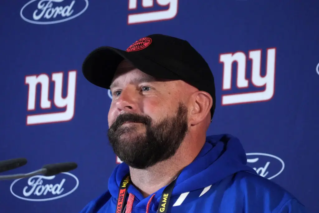 Nov 8, 2024; Munich, Germany; New York Giants coach Brian Daboll during press conference at the FC Bayern training grounds at Sabener Strasse. Mandatory Credit: Kirby Lee-Imagn Images