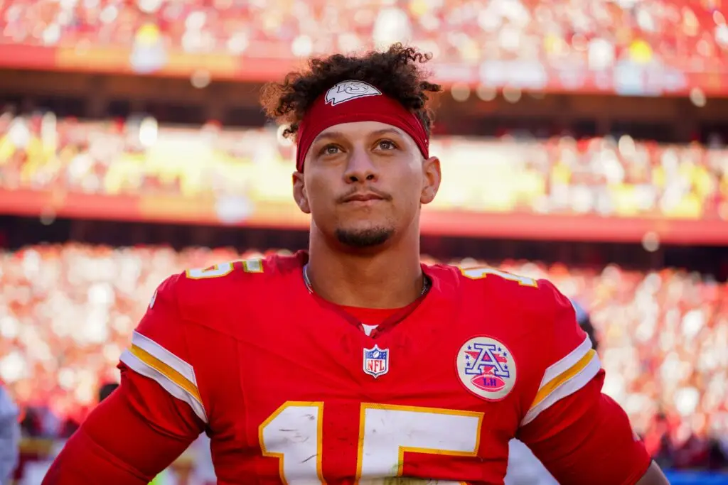 Nov 10, 2024; Kansas City, Missouri, USA; Kansas City Chiefs quarterback Patrick Mahomes (15) speaks to media after the win over the Denver Broncos at GEHA Field at Arrowhead Stadium. Mandatory Credit: Denny Medley-Imagn Images