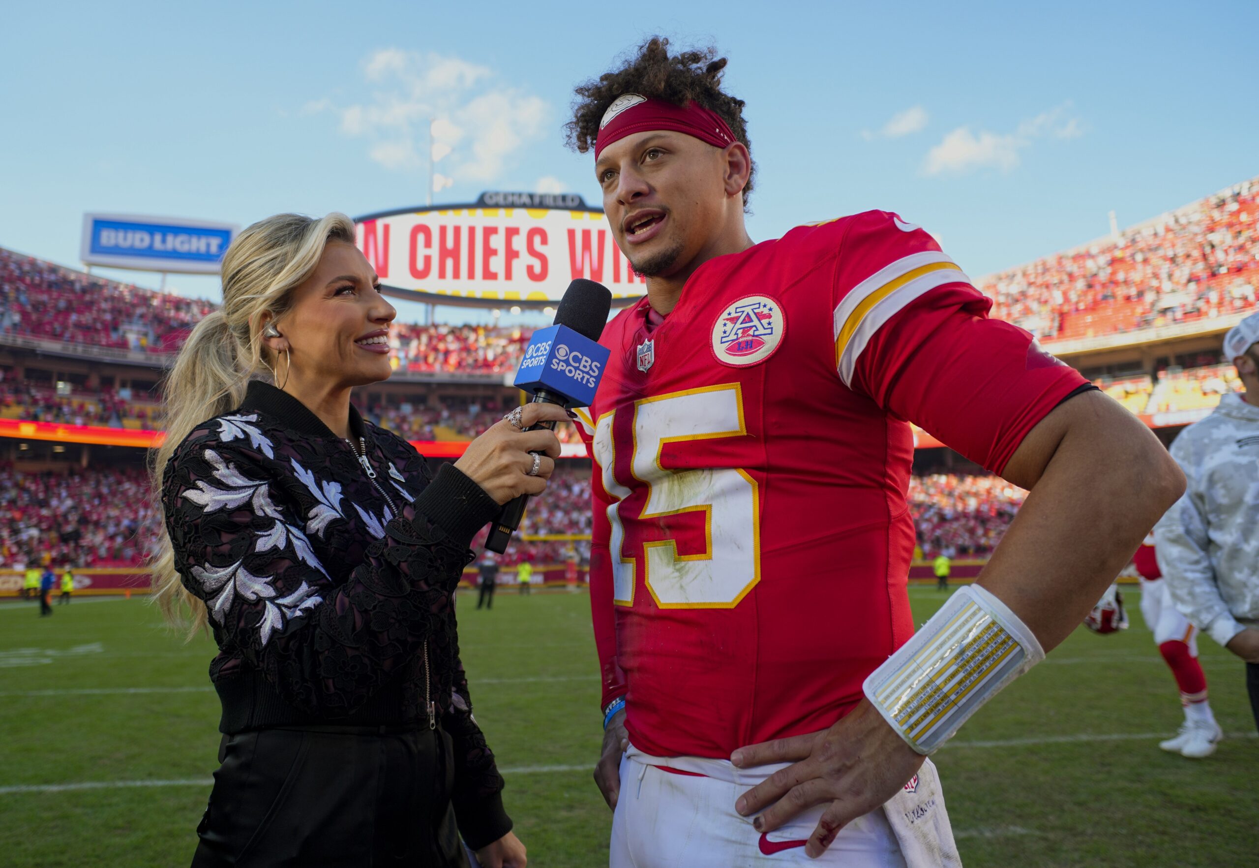 Nov 10, 2024; Kansas City, Missouri, USA; Kansas City Chiefs quarterback Patrick Mahomes (15) is interviewed after defeating the Denver Broncos at GEHA Field at Arrowhead Stadium. Mandatory Credit: Jay Biggerstaff-Imagn Images