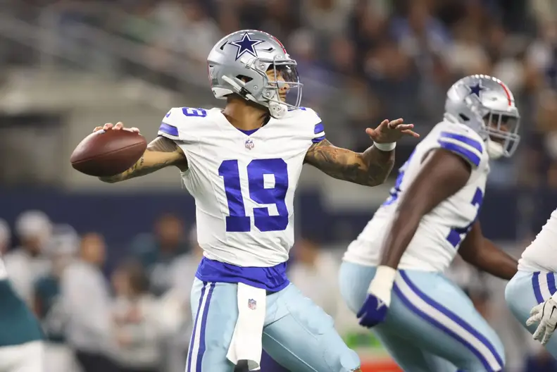 Nov 10, 2024; Arlington, Texas, USA; Dallas Cowboys quarterback Trey Lance (19) throws a pass against the Philadelphia Eagles in the fourth quarter at AT&T Stadium. Mandatory Credit: Tim Heitman-Imagn Images