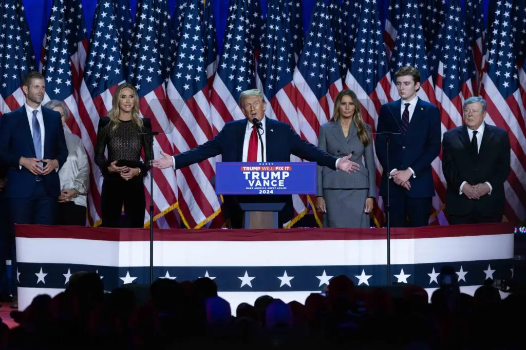 NFL Surrounded by family members (Eric Trump, Lara Trump, Melania Trump, Barron Trump and Viktor Knavs) and supporters, Donald Trump makes his acceptance speech at his Election Night Watch Party at the Palm Beach County Convention Center after being elected the 47th President of the United States November 5, 2024. © DAMON HIGGINS / PALM BEACH POST / USA TODAY NETWORK / USA TODAY NETWORK via Imagn Images