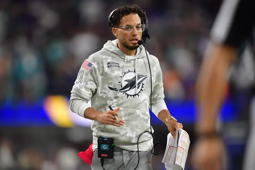 Nov 11, 2024; Inglewood, California, USA; Miami Dolphins head coach Mike McDaniel watches game action against the Los Angeles Rams during the second half at SoFi Stadium. Mandatory Credit: Gary A. Vasquez-Imagn Images