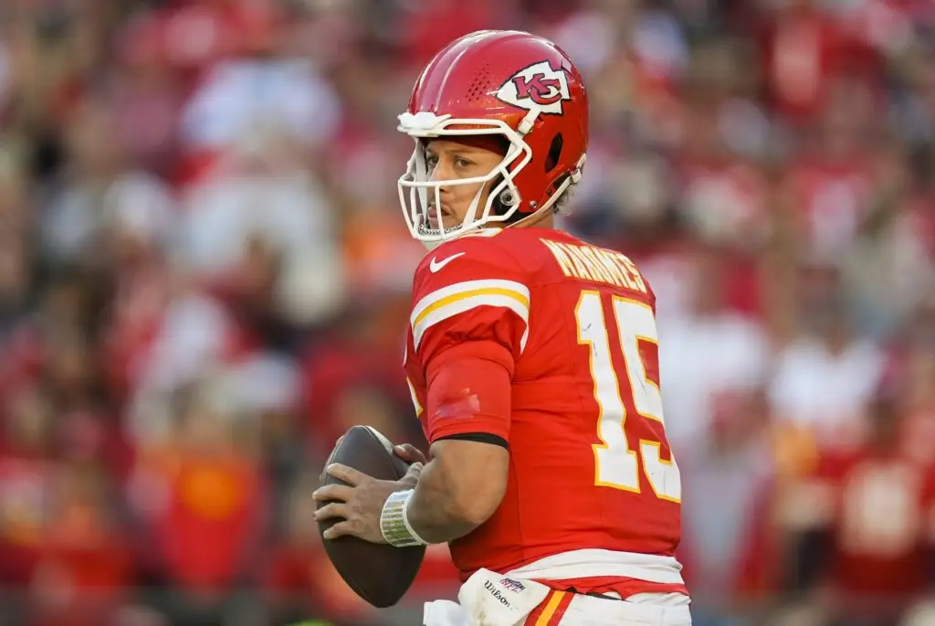 Nov 10, 2024; Kansas City, Missouri, USA; Kansas City Chiefs quarterback Patrick Mahomes (15) drops back to pass during the second half against the Denver Broncos at GEHA Field at Arrowhead Stadium. Mandatory Credit: Jay Biggerstaff-Imagn Images