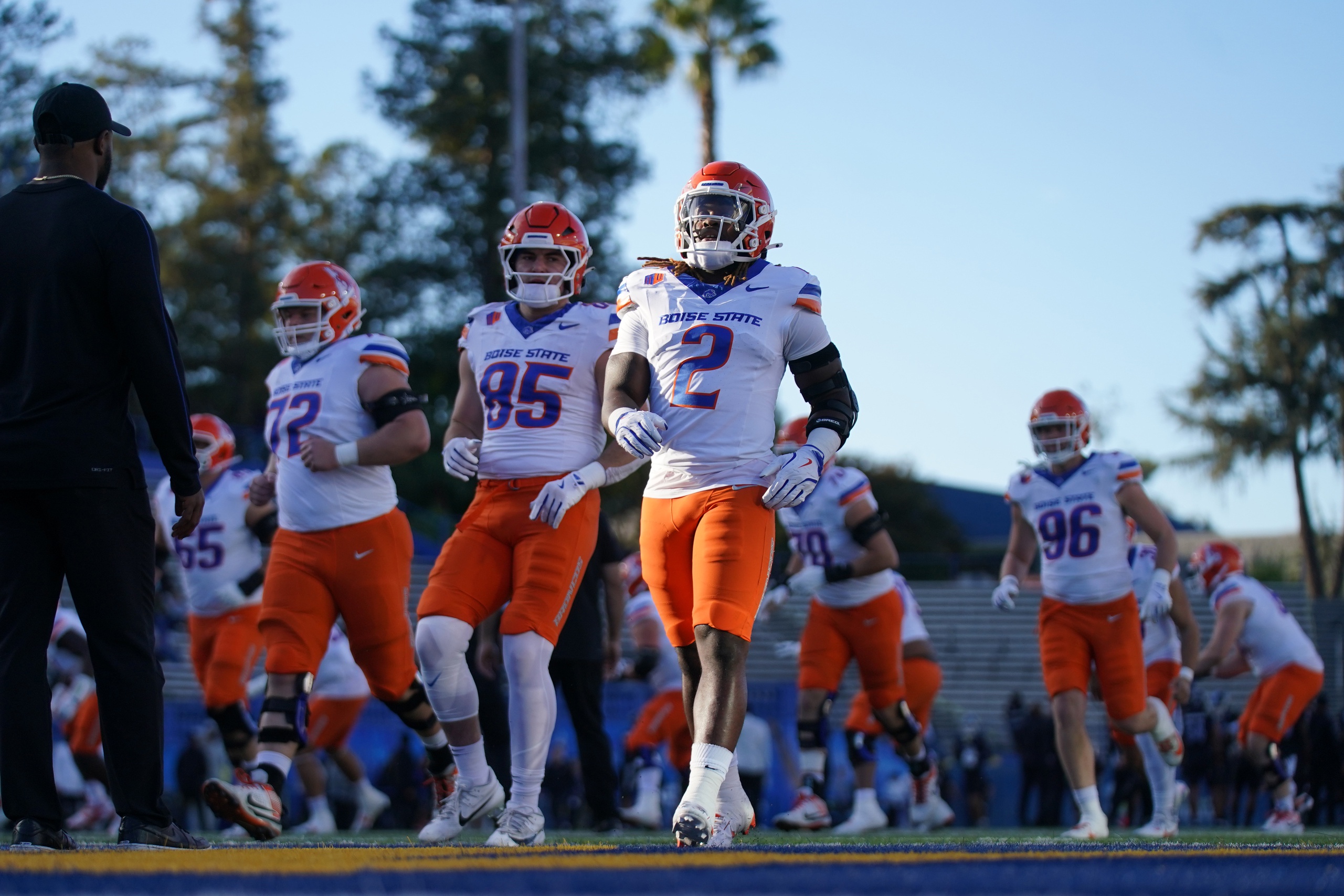 Nov 16, 2024; San Jose, California, USA; Boise State Broncos running back Ashton Jeanty (2) jogs on the field before the start of the game against the San Jose State Spartans at CEFCU Stadium. Mandatory Credit: Cary Edmondson-Imagn Images