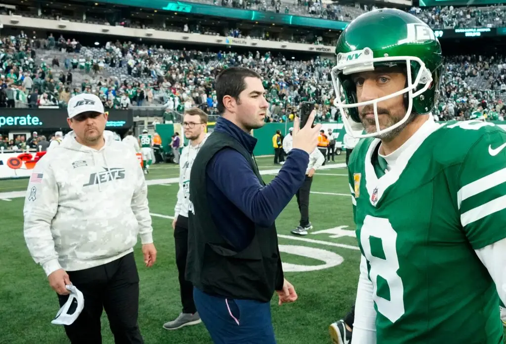 New York Jets quarterback Aaron Rodgers (8) is shown after a devastating 28-27 loss against the Indianapolis Colts, Sunday, November 17, 2024. With a minute remaining Gang Green was up 27-22, but it wasnÕt meant to be for the home team as they inch closer to mathematical elimination from the possibility of earning a wild card spot to the playoffs. © Kevin R. Wexler-NorthJersey.com / USA TODAY NETWORK via Imagn Images