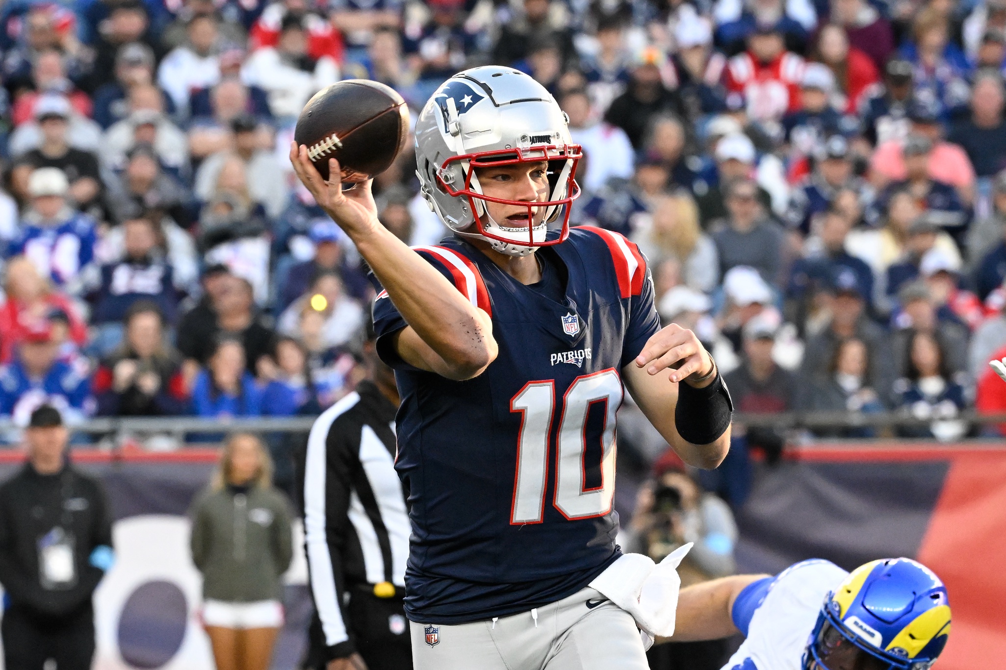 Nov 17, 2024; Foxborough, Massachusetts, USA; New England Patriots quarterback Drake Maye (10) throws a pass during the second half against the Los Angeles Rams at Gillette Stadium. Mandatory Credit: Eric Canha-Imagn Images